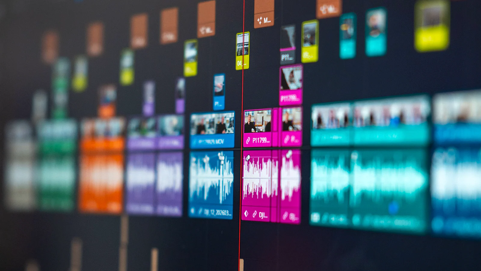 Colorful video and audio timeline on a production screen